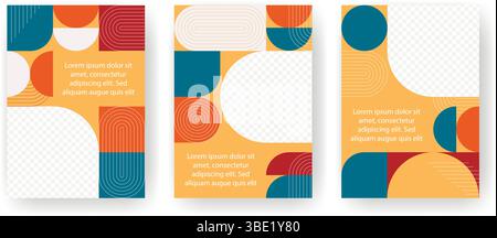 Satz zeitgenössischer Broschüren für Werbung, Angebot, Cover, Poster. Helle Designvorlagen mit geometrischen Formen und Halbkreislinien. Vertikal Stock Vektor