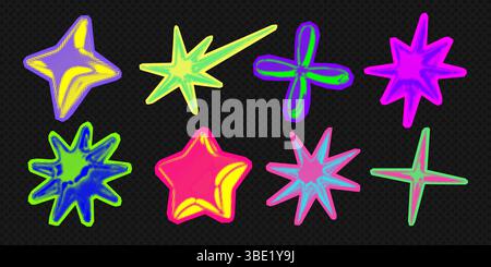 Y2K 3d Punk Neonfarben Hell Chrom Halbtonsterne Form Retro abstrakte Vektor Illustration Sticker Set. Stock Vektor