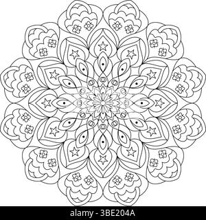 Kompliziertes schwarz-weißes Mandala mit Blumen-, Herz- und Sternelementen. Ideal für Malprojekte für Erwachsene, Achtsamkeit und druckbare Kunstprojekte. Stock Vektor