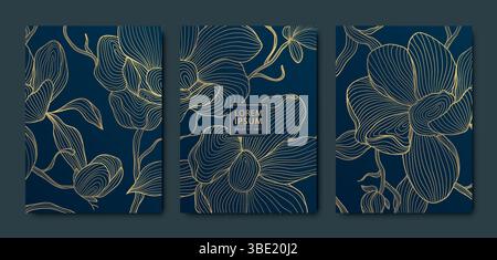 Vektor-Set von japanischen Linien Gold Blumen, Kirschblüte, Sakura und Blätter Fantasy Blumenabdeckungen. Moderne Kunst chinesische Illustrationen Stock Vektor