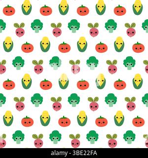 Süßes, nahtloses Muster für Gemüse. Buntes Gemüsemuster mit lächelnden Gesichtern. Stock Vektor