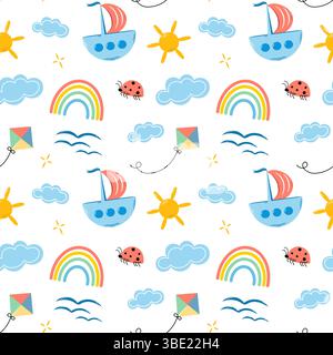 Nahtloses Sommermuster mit Schiff, Regenbogen, Damenwanze, Kit und Wolken. Stock Vektor