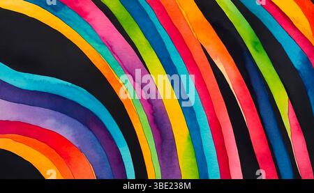 Geschwungene helle mehrfarbige Streifen auf schwarzem Hintergrund, abstraktes Muster für Design Stockfoto