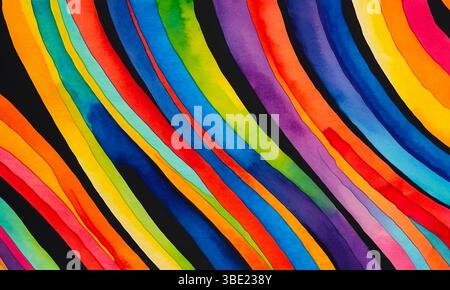 Geschwungene helle mehrfarbige Streifen auf schwarzem Hintergrund, abstraktes farbenfrohes Muster für Design Stockfoto
