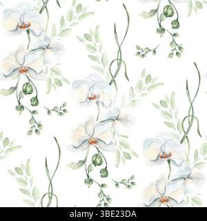 Nahtloses Blumenmuster mit weißen Orchideen, Knospen und zarten grünen Blättern. Eleganter botanischer Hintergrund für romantische Momente Stockfoto