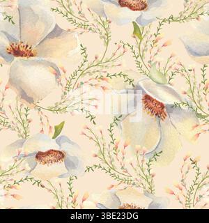 Nahtloses Blumenmuster aus cremigen Anemonen und kleinen Wildblumen Aquarell handgezeichnet. Elegante botanische Textur mit weißen wilden Rosen und weichen Stoffen Stockfoto