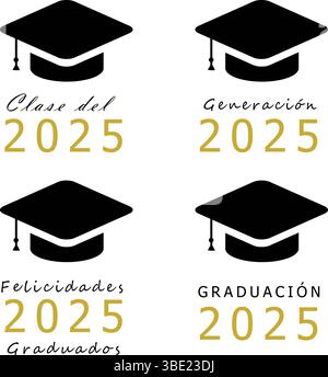 Graduiertenhüte der Klasse 2025 mit goldenem Schriftzug mit spanischem Text – ideal für Studenten aus Latino, Mexiko und Spanisch – akademisches Celebration Design Stock Vektor