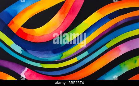 Helle, mehrfarbige, wellige Streifen auf schwarzem Hintergrund, abstraktes farbenfrohes Muster für Design Stockfoto