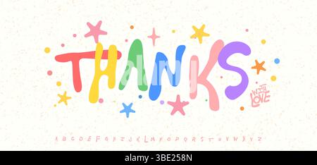 Farbenfrohe, handgeschriebene Danksagung im verspielten Kinderstil mit Sternen, Punkten und Liebesdetails sorgen für Wärme und Freude. Perfekt für Geschenke für Kinder Stock Vektor