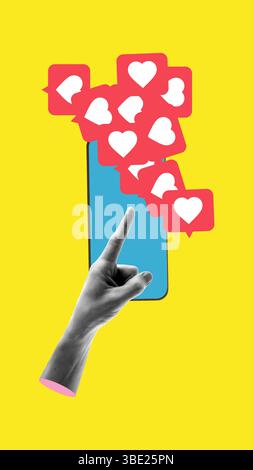 Poster. Composite Collage. Der Finger berührt das Telefon mit roten Herzsymbolen, die das ständige Bedürfnis nach Erkennung und Reaktionen widerspiegeln Stockfoto
