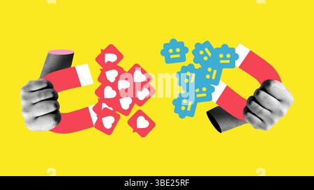 Composite-Art-Collage zwei Fäuste halten Magnete, die rote Herzen und blaue Bots anziehen und repräsentieren reales Publikum im Vergleich zu künstlichem Boost im digitalen Raum. Stockfoto