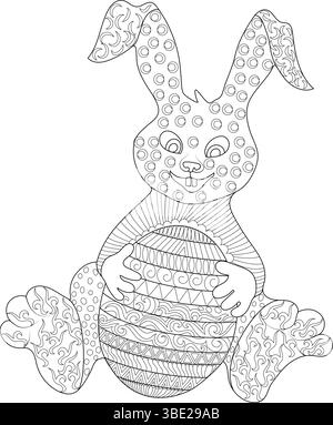 Eine bezaubernde schwarz-weiße Linie, die einen glücklichen Osterhasen zeigt, der ein großes, aufwendig gemustertes Osterei hält. Diese detaillierte Zeichnung Stock Vektor