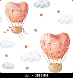Muster Heißluftballon rosa Herzfliegen, blaue Wolken. Aquarellillustration handgezeichnet im Kinderstil. Nahtloser Druck auf weißem Hintergrund für Stockfoto