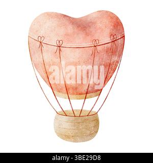Aquarellrosa Ballon in Herzform, Liebe. Handgezeichnete Illustration auf isoliertem weißem Hintergrund im Vintage-Stil für Postkartendesign, Kinder Stockfoto