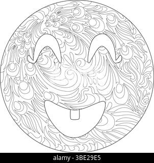 Schwarz-weiße Strichgrafik-Illustration eines lächelnden Gesichts-Emojis gefüllt mit abstrakten, fließenden Mustern. Perfekt zum Ausmalen von Seiten, Malbüchern für Erwachsene Stock Vektor