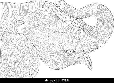 Detaillierte schwarz-weiße Strichgrafik-Illustration eines Elefantenkopfes und -Rumpfes mit komplizierten, dekorativen Mustern im zentangle- oder Mandala-Stil. Idee Stock Vektor