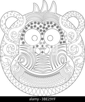 Schwarz-weiße Linienzeichnung eines stilisierten, abstrakten Zeichentrickgesichts oder Emojis, gefüllt mit komplizierten Mustern und Designs. Ideal zum Ausmalen von Büchern, illu Stock Vektor