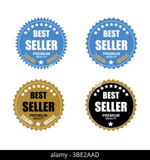 Bestseller Aufkleber Etikett, Gold schwarz Abzeichen glänzende Sterne und Lorbeerkranz Dekoration Vektor isoliert Premium Qualität Text Produkt Bestseller Aufkleber Stock Vektor