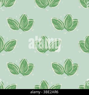 Muster Minzblätter kritzelnd, Konturzeichnung auf dem Hintergrund grüner Flecken, auf minzfarbigem Hintergrund. Vektorabbildung Stock Vektor