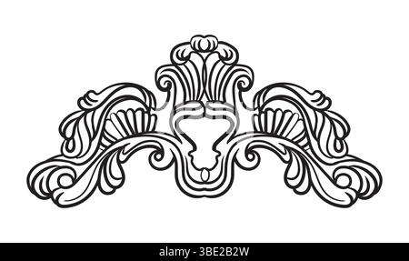 Symmetrische Handzeichnung Barockschmuck, kunstvolles Designelement. Filigrane Damastkunst im Vintage-Stil, Hochzeitsrollengravur im Retro-Muster. Vektorillustraten Stock Vektor