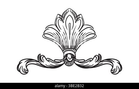 Symmetrische Handzeichnung Scroll florales Ornament Design Element. Vintage Damast, barocke filigrane Hochzeitskunst. Retro-Muster gravieren. Vektorillustraten Stock Vektor