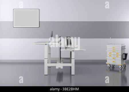 3D-Rendering Innenarchitektur Büroraum . Bürotische ohne Bürostühle Stockfoto