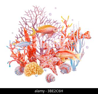 Aquarellkomposition mit farbenfrohen tropischen Fischen, Meereskorallen, Seesternen, Muscheln und Blasen. Unterwasser-Unterwasserwelt für Sommermotive, Ozean Stockfoto