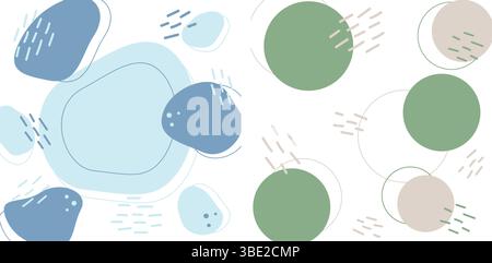 Kreisförmige und abstrakte, handgezeichnete Punkte und freihändig bunte Striche Blau Grün und Beige Kopierraum. Setzen Sie isolierte Vektor-Illustration Grußkarten oder Werbebanner, Broschüren, Preisanhänger, Etiketten Idee Stock Vektor