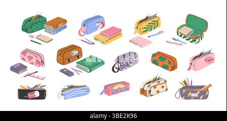 Satz Bleistiftetuis. Isolierte Illustrationen. Stock Vektor