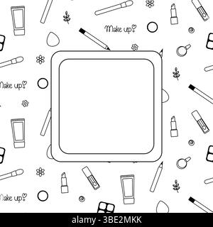 Kosmetik, Parfüm, Lippenstift Quadratische Rahmenvorlage Vektor-grafische Linie Illustration. Kosmetik-Make-up-Kunst in Schwarz und weiß. Für Poster, Flyer, Banner, ich Stock Vektor