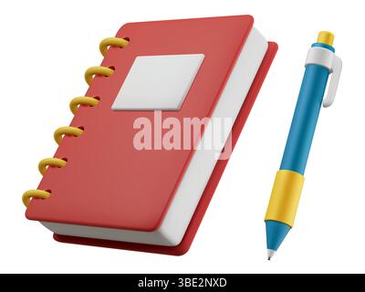3D-Vektor-Illustration eines Notizblocks und Kugelschreibers. Bildungs- und Bürokonzept. Zurück zur Schule isolierte Designelemente auf weißem Hintergrund Stock Vektor