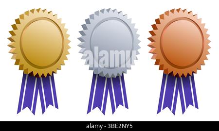 Realistische Gold-, Silber- und Bronzemedaillen mit Bändern auf weißem Hintergrund. Gewinner vergibt Symbole isolierte Vektorillustration. Stock Vektor
