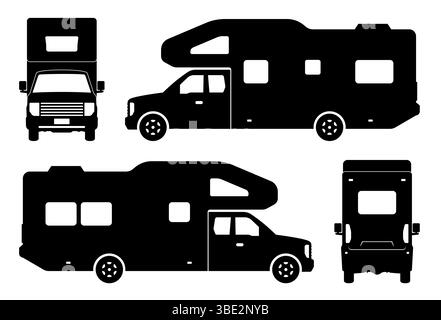 Silhouette eines Freizeitfahrzeugs auf weißem Hintergrund. Die Fahrzeugsymbole bestimmen die Ansicht von der Seite, von vorn und hinten Stock Vektor
