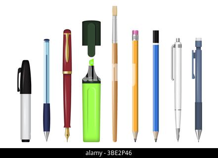 Schreibwarenset für Büro und Schule. Stift, Bleistift, Filzstift realistische Vektor-Illustration isoliert auf einem weißen Hintergrund Stock Vektor
