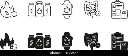 Health and Nutrition Line und Solid Symbol Set. Ergänzung, Übung, Gesundheitscheck, Flammen, Darm, und Energy Bottle Symbol Collection. Isoliert Stock Vektor