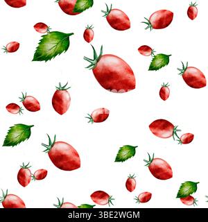Tomate mit Basilikum-Aquarellmuster. Handgezeichnete Kirschtomaten auf einem Zweig mit schwarzem Pfeffer. Ideal für Textildruck, zum Verpacken von Tomaten Stockfoto