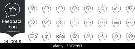 Symbolgruppe Für Feedback Und Kommunikation. Benutzerinteraktion, Bewertung Und Überprüfung Der Modellstruktur. Enthält Emoticons, Daumen nach oben und unten, Sterne Stock Vektor