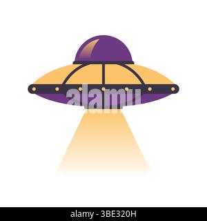 Flache UFO-Illustration isoliert auf weißem Hintergrund. Isoliertes violettes und gelbes UFO auf weiß Stock Vektor