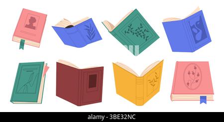 Vektor isolierte geöffnete Bücher. Hardcover-Literatur-Clipart. Sachbuch- und Bildungsinformationselement mit Lesezeichen für Studienmaterial. Text und Papierschild. Wissen und Lesen, Lehren. Stock Vektor