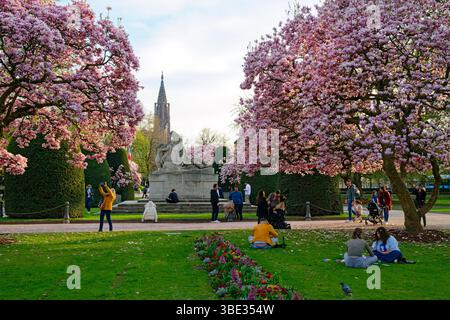 Frankreich, Bas Rhin, Straßburg, Neustadt aus dem deutschen Zeitraum als Weltkulturerbe von der UNESCO, Place de la Republique, Magnolie in voller Blüte, Krieg, Denkmal, eine Mutter hält Ihr zwei sterben Kinder, schaut man über Frankreich und der andere schaut über Deutschland und der Kathedrale Notre Dame im Hintergrund Stockfoto