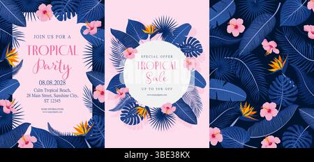 Tropische Sommerplakate oder Flyer. Vektor-Illustration tropischer Blätter und Blumen in flachem Stil Stock Vektor