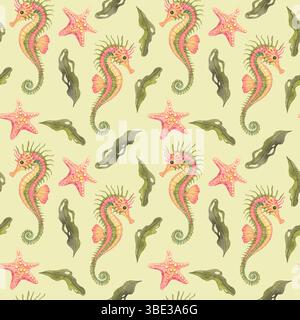 Hellbraune Basis mit Aquarellkorallenstern, weichen gelben Seepferdchen und Khaki-Algen in nahtlosen Wiederholungsmustern. Ideal für Babybekleidung, Geschenkpapier und Verpackungen für natürliche Hautpflege Stockfoto