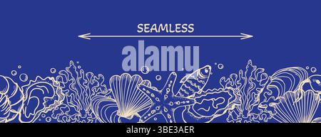 Nahtlose Borte im La Dolce vita-Stil mit Meeresfrüchten. Vektorkontur, Abbildung. Handgezeichnetes Muster des Meeresrahmens. Lineare Zeichnung isoliert auf blauem Hintergrund. Stock Vektor