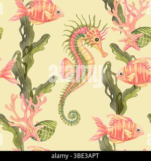 Aquarellillustration nahtloses Muster von blassgelber Basis mit Olivenalgen, Korallenfischen und gelben Limettenseepferden. Ideal für umweltfreundliche Verpackungen, Textilien für Kinder und Geschenkartikel Stockfoto