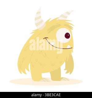 Gelbes süßes Monster mit einem Auge und Hörnern. Lustige Zyklopenfigur. Lächelnde, flauschige Bestie. Stock Vektor