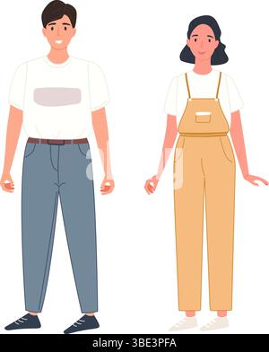 Schöne junge Frau und Mann in lässiger Straßenmode, junges Paar, Karikaturillustration, isoliert auf weiß, Vektor-Illustration. Stock Vektor