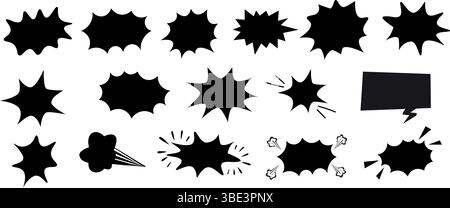 Comic-Stil-Boom, Explosion und Sprechblasen Set. Schwarzes Silhouettendesign für Pop-Art- und Retro-Illustrationen. Stock Vektor
