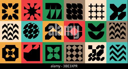 Moderner Mosaikhintergrund mit auffälliger abstrakter Geometrie. Minimalistische postmoderne Komposition, Schweizer Gitterlayout, brutale Formen, primitive Blöcke und Stock Vektor