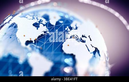 3d-Illustration von Vernetzung und Internet-Konzept und Globe Wold Map.Globale Telekommunikation und Cloud Computing Stockfoto