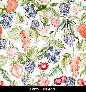 Handgezeichnete Aquarellillustration mit Erdbeeren, Heidelbeeren, Himbeeren, Kirschen und Brombeeren. Nahtloses Muster, geeignet für Gewebe, Stockfoto